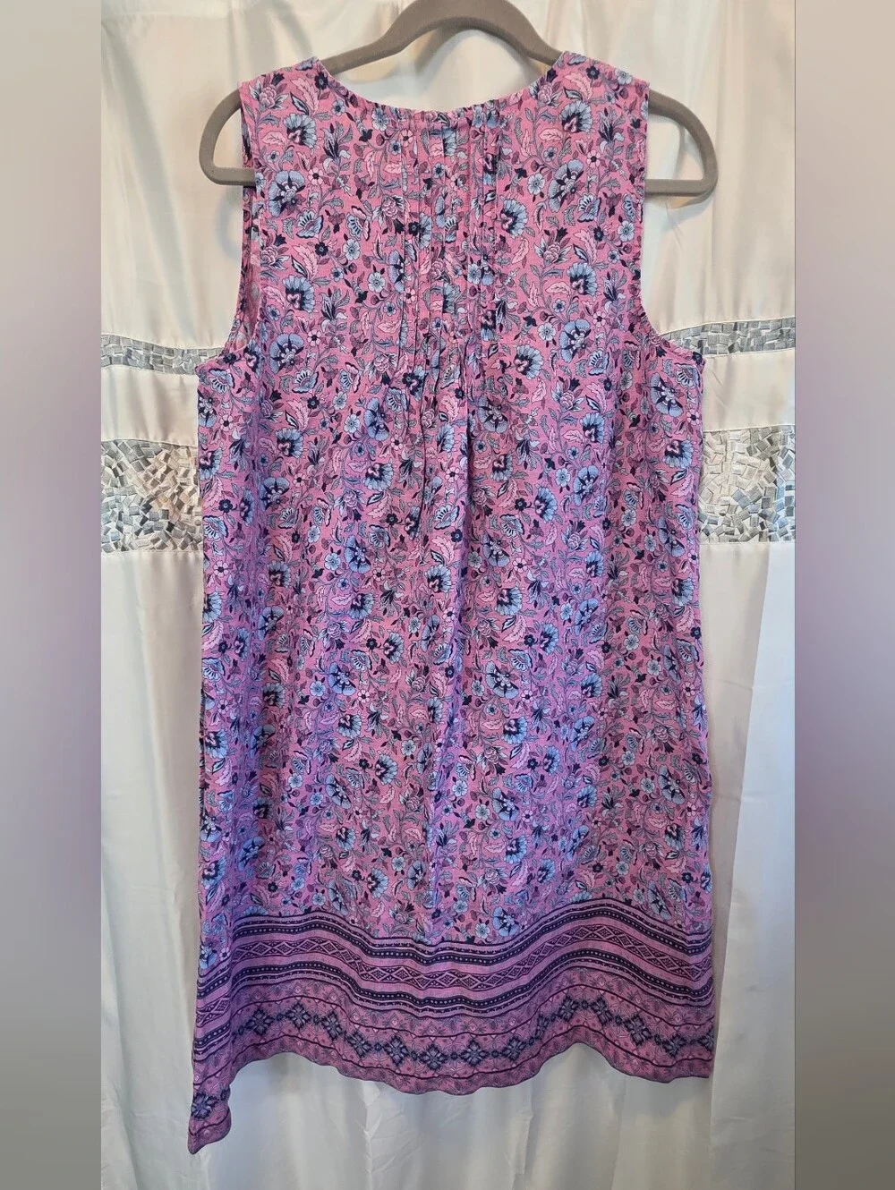 J. Jill Pink Floral Border Sleeveless Dress with Blue Accents